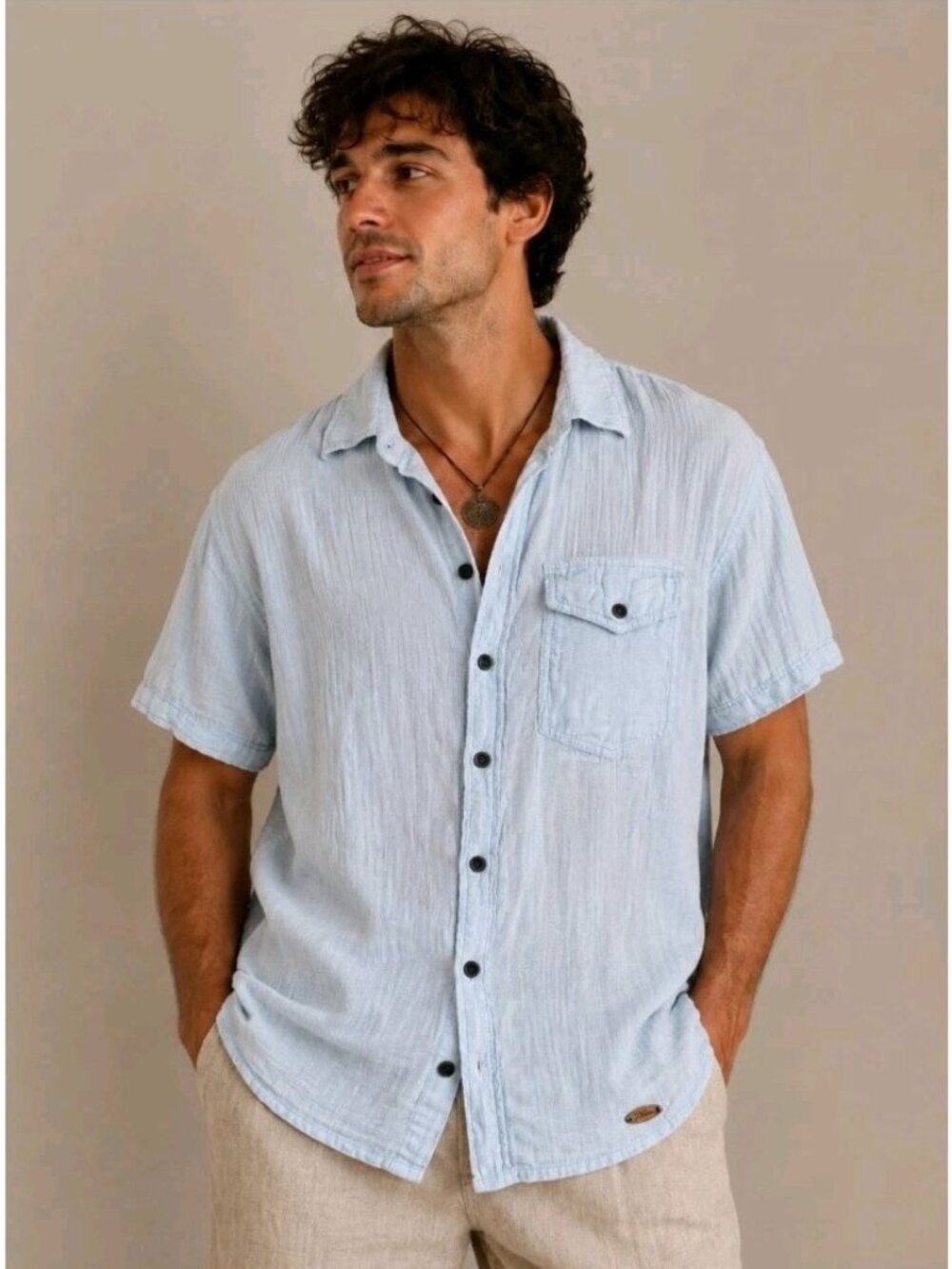 Blanco Mens Shirt Cotton Gauze Short Sleeve Beach Prairie Casual XL Light Blue